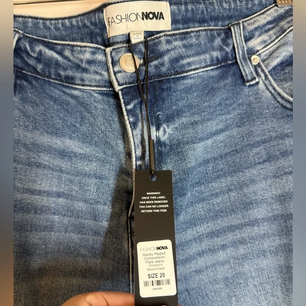 Fashion Nova Marley Ripped Compression Flare Jeans -Medium Wash